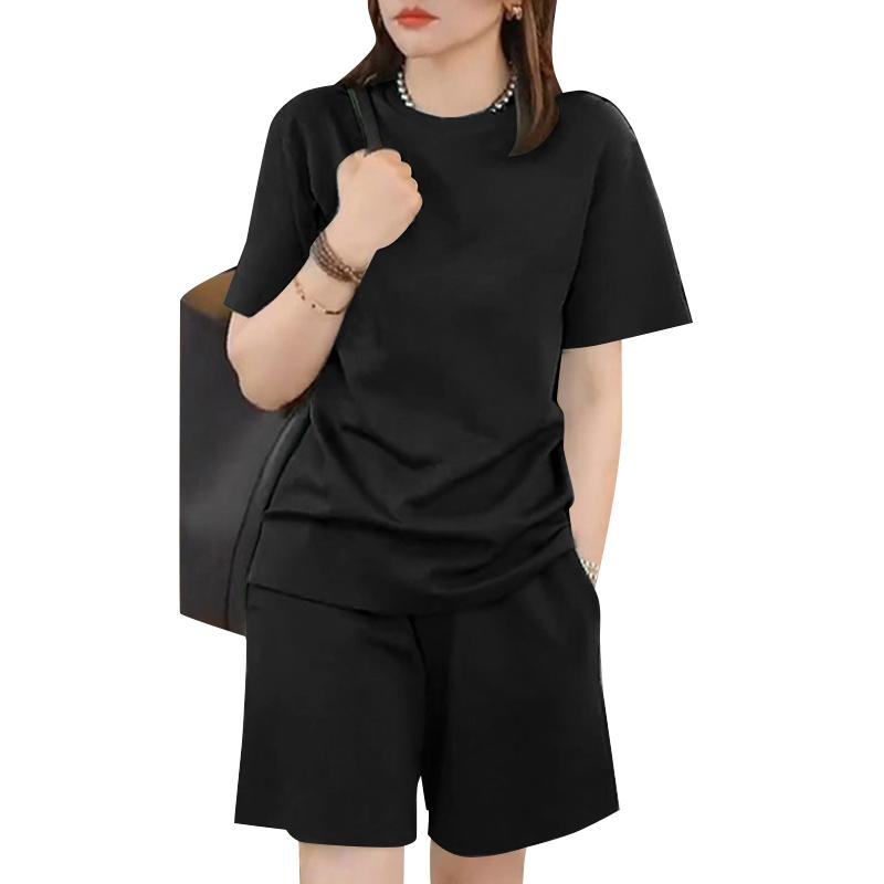 

Жіночі футболки з короткими рукавами та повсякденні шорти ZANZEA з двох частин S чорний