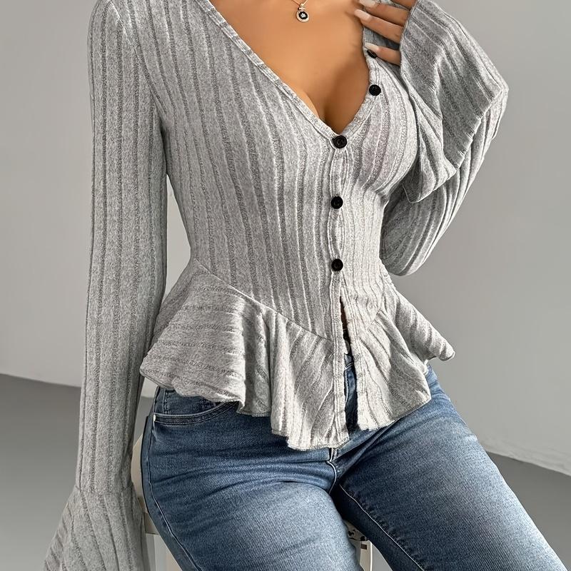 Spring and Fall European Style Elegant Women Knitwear V-Neck Ruffle Slim Fit M