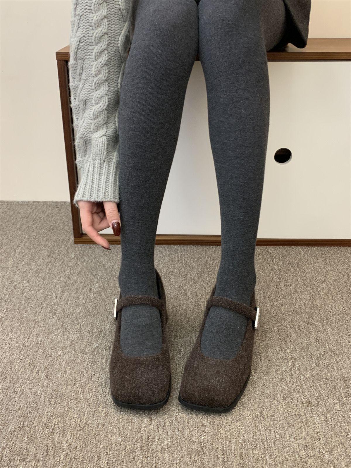 

Fleece winter square head Mary Jane fluffy grandma shoes high heel temperament woolen thick heel single shoes women s shoes French 35