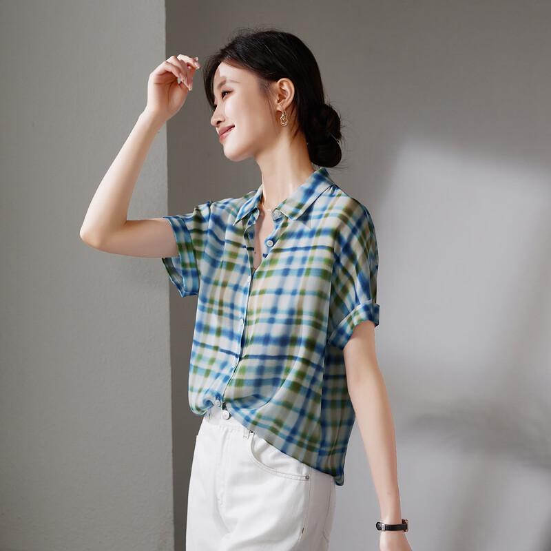 SOFSIL Women s Retro Plaid Silk Short-Sleeve Shirt M