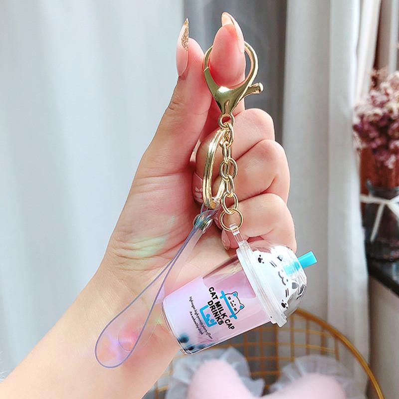 Adorable Cartoon Cat Milk Tea Keychain Cute Acrylic Keyring For Couples And Friends
