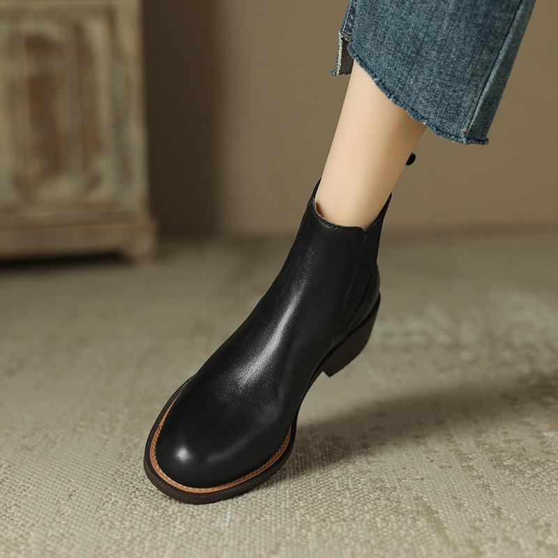 Krazing Pot Cow Skin Autumn Winter Shoes Concise Thick Heels Size 43 Size 42 Chelsea Boots Round Toe Slip on Retro Ankle Boots