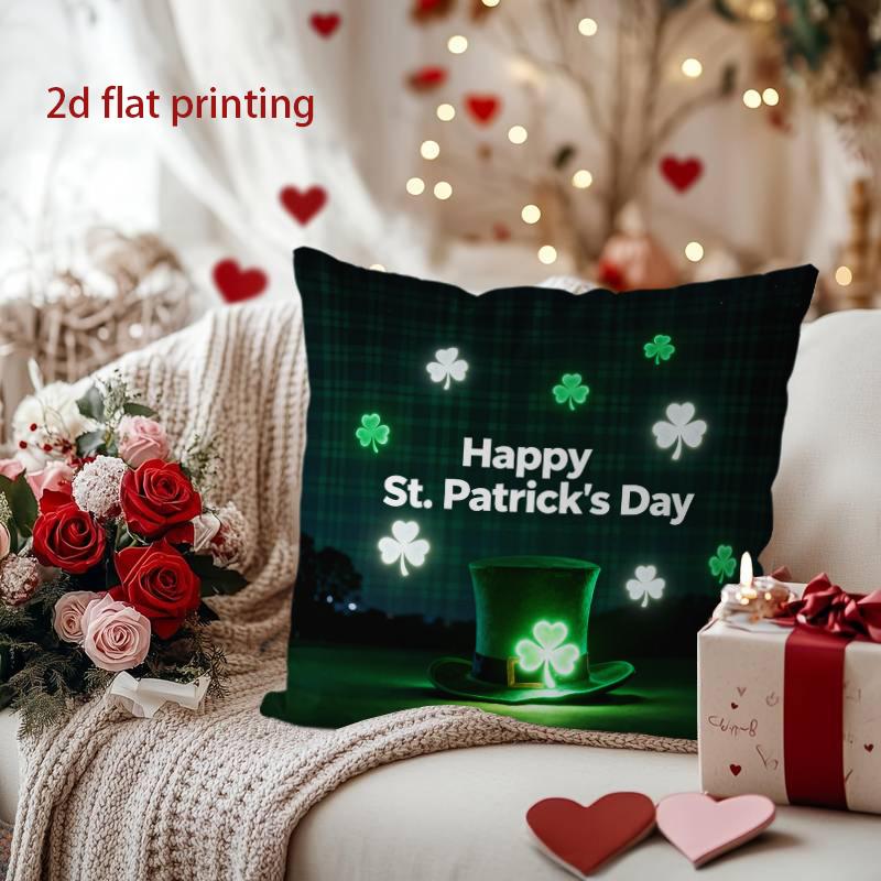 Home Decor Happy Gartick Shamrock & Hat Pattern Pillow Cover Pattern Cushion Cover Suitable For Sofa Bedroom Car Pillow Cover