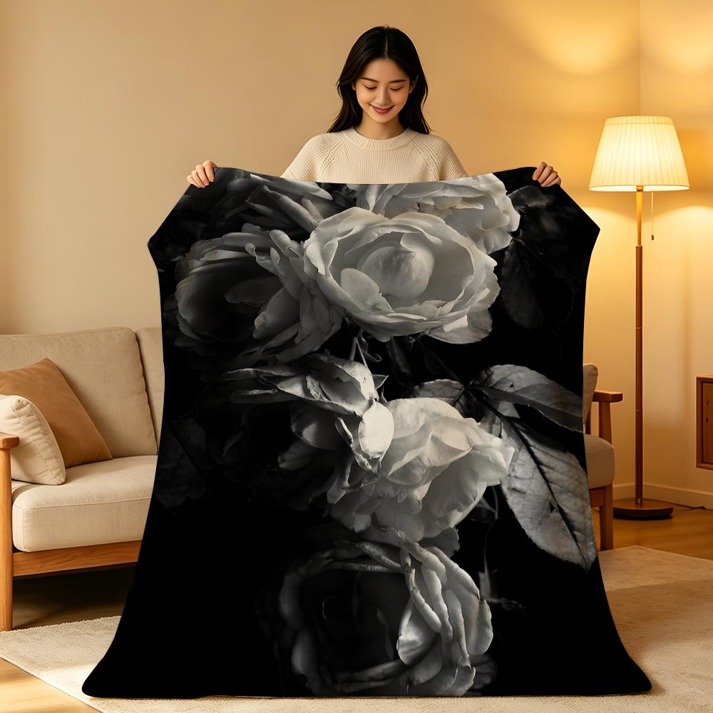 Art B-Black a-and W-White Floral Throw High-Density Short Plush Blanket Soft Skin-Friendly for Sofa Nap Air-Conditioned Room
