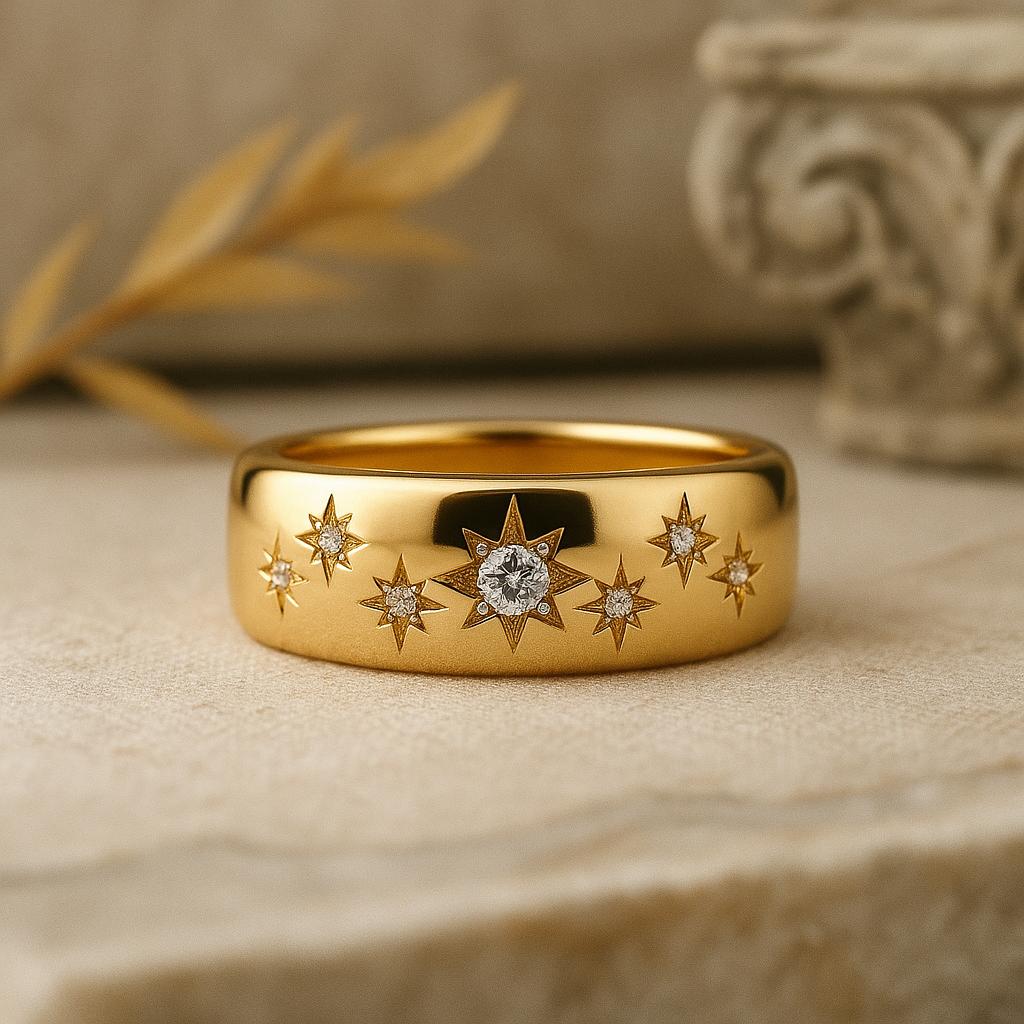 Star Burst Wide Band Ring, Yellow Gold Plated Statement Jewelry, Celestial Engraved Bridal Ring, Anniversary Gift for Her