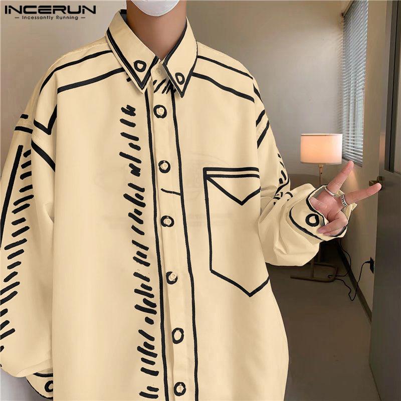 

INCERUN Летние мужские рубашки с отложным воротником, длинным рукавом и принтом в виде линий, повседневные, оверсайз S абрикосовый