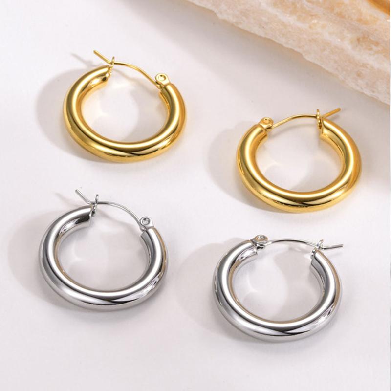 5mm Thick Round Stainless Steel Hoop Earrings for Women Classic Temperament Circle Ear Buckle Female Party Daily Jewelry