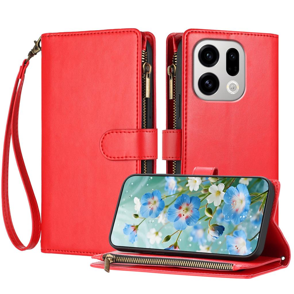 For Oppo Find X9 5G Leather Case Zipper Wallet Stand Shockproof Phone Cover with Wrist Strap
