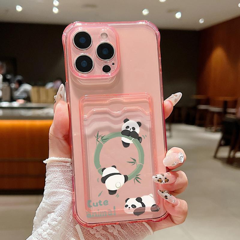 Card Slot Pocket Clear TPU Case For iPhone 17 16 Pro 17e 16e 15 14 13 12 Pro Max 11 Cartoon Panda Soft Silicone Phone Back Cover