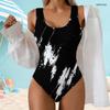 Women Plus Size Scoop Neck Wide Straps High Cut One Piece Swimsuit Red Black Printed