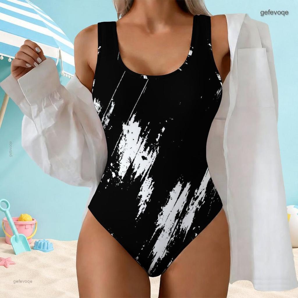 Women Plus Size Scoop Neck Wide Straps High Cut One Piece Swimsuit Red Black Printed