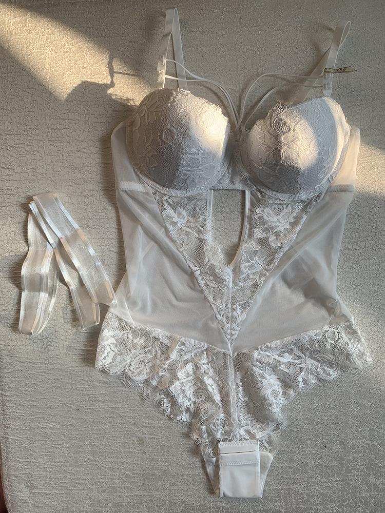 Women Sexy French Style Romper Tight-Fitting Bodysuit Transparent Bowknot One Piece Lace Lingerie