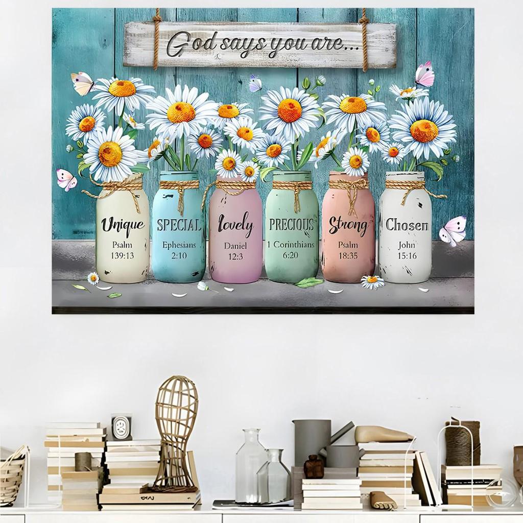 Retro Floral Wall Art: Daisy & Butterfly Canvas with Wooden Frame