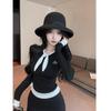 Korean Style Black Polka Dot Patchwork Long Sleeve Women's Velvet T-shirt, Autumn Slim Fit Fake Two-Piece Top