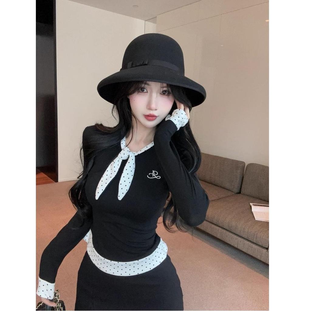 Korean Style Black Polka Dot Patchwork Long Sleeve Women's Velvet T-shirt, Autumn Slim Fit Fake Two-Piece Top