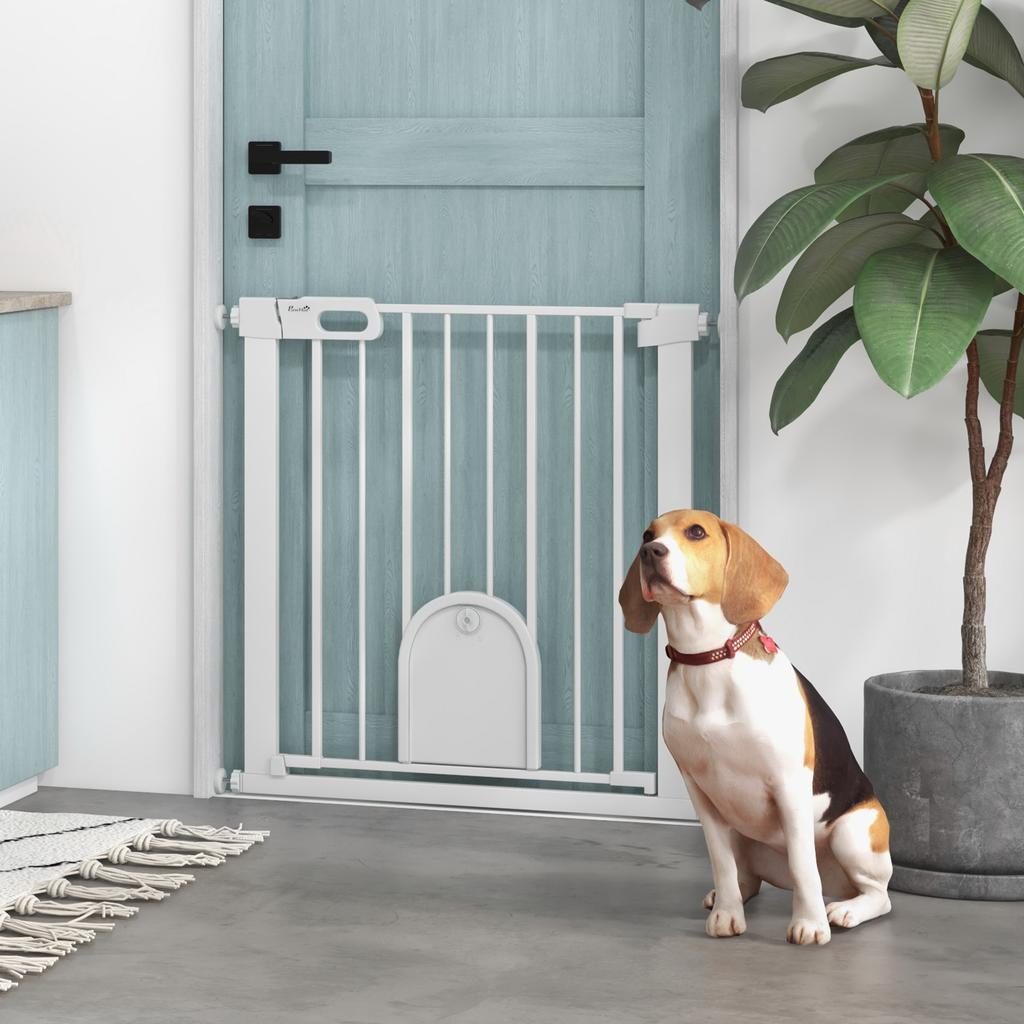 75-82cm Pet Safet Gaye, Pressure Fit Stair, with Cat Flap, Double Locking, White