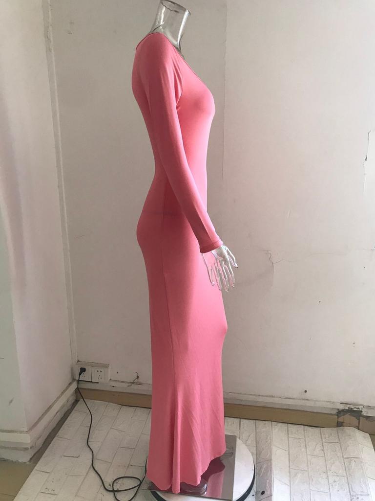 Damska Sukienka Casualowa Długa z Długim Rękawem i Dekoltem w Serek w Jednolitym Kolorze