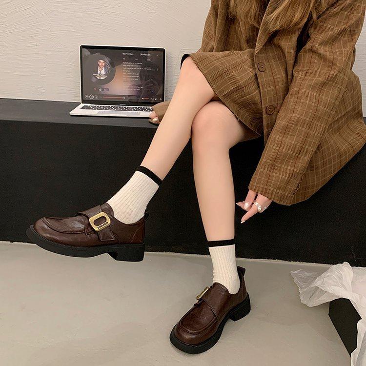 Platform loafers women's 2025 autumn new thick heel black small leather shoes medium heel British style one-pedal single shoes