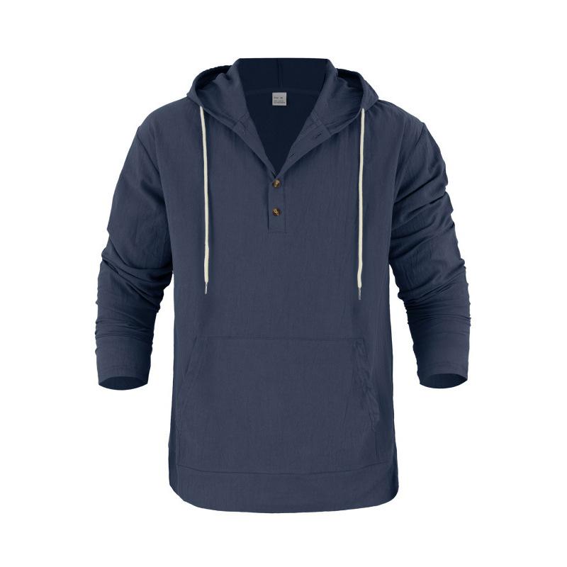 Men's Linen Hooded Long-Sleeved T-Shirt Beachwear & Leisurewear Loose Fit with Large Pockets Henley Neck Top