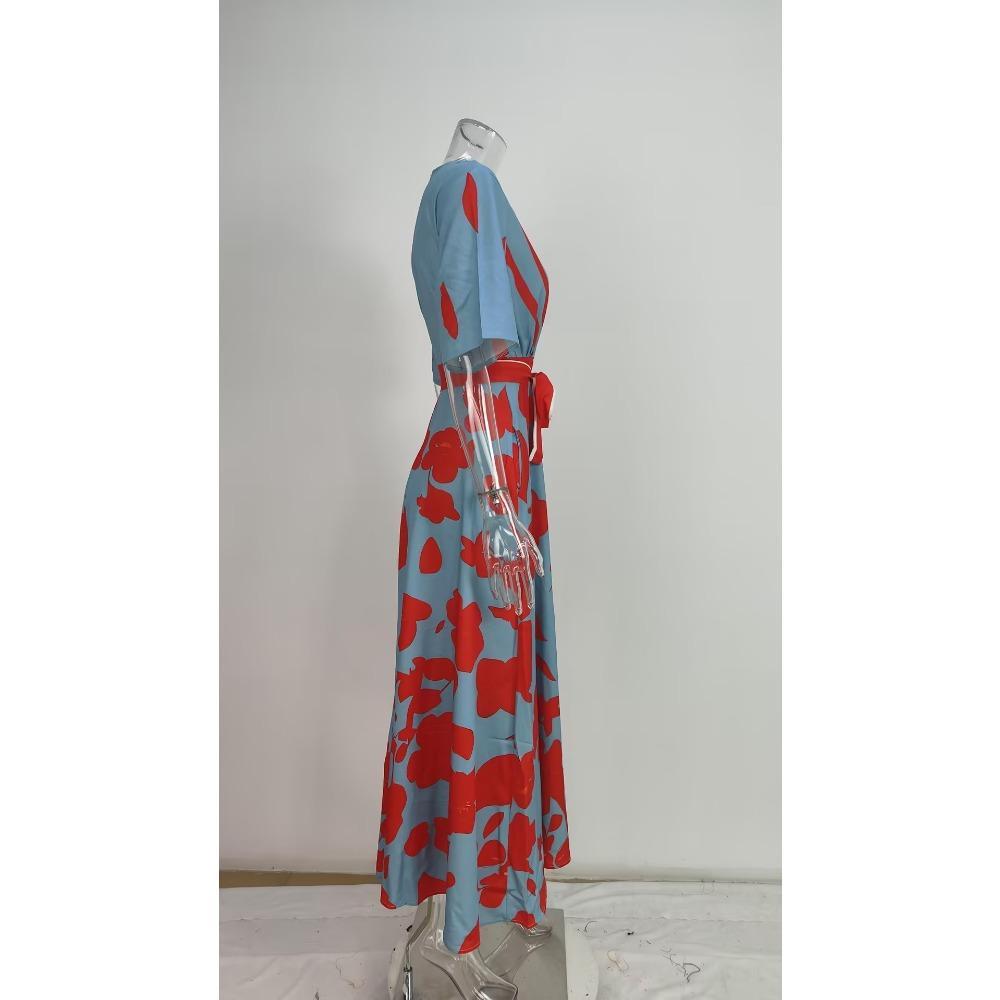 European and American Fashion Floral Print Elegant V Neck Tie Waist Maxi Dress Women