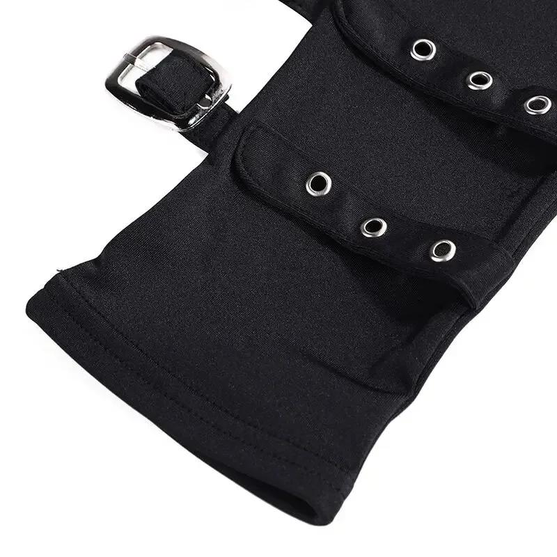 Women Half Finger Metal Buckle Belt Rivet Punk Hip Hop Party Cosplay Dance Mitten Black Fingerless Milk Silk Glove Cuff R46