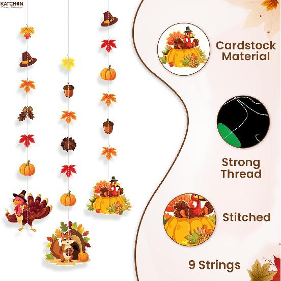 KatchOn, Happy Thanksgiving Hanging Garland - Pack of 8 | Fall Party Decorations, Thanksgiving Garland Ceiling Wall Hanging Decor for Home,