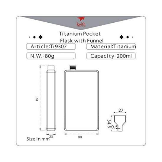 Keith Pure Titanium Square 200ml Small Water Bottle for Stylish and Portable and Portable Flask, (Ti9307), Authentic, Lightweight, Rust-Resistant,