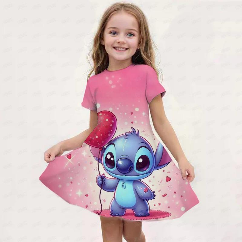 Disney Stitch Print Children's Dress, Birthday Party Girl Princess Summer Casual Soft Cute Costume Top, Hot Sale