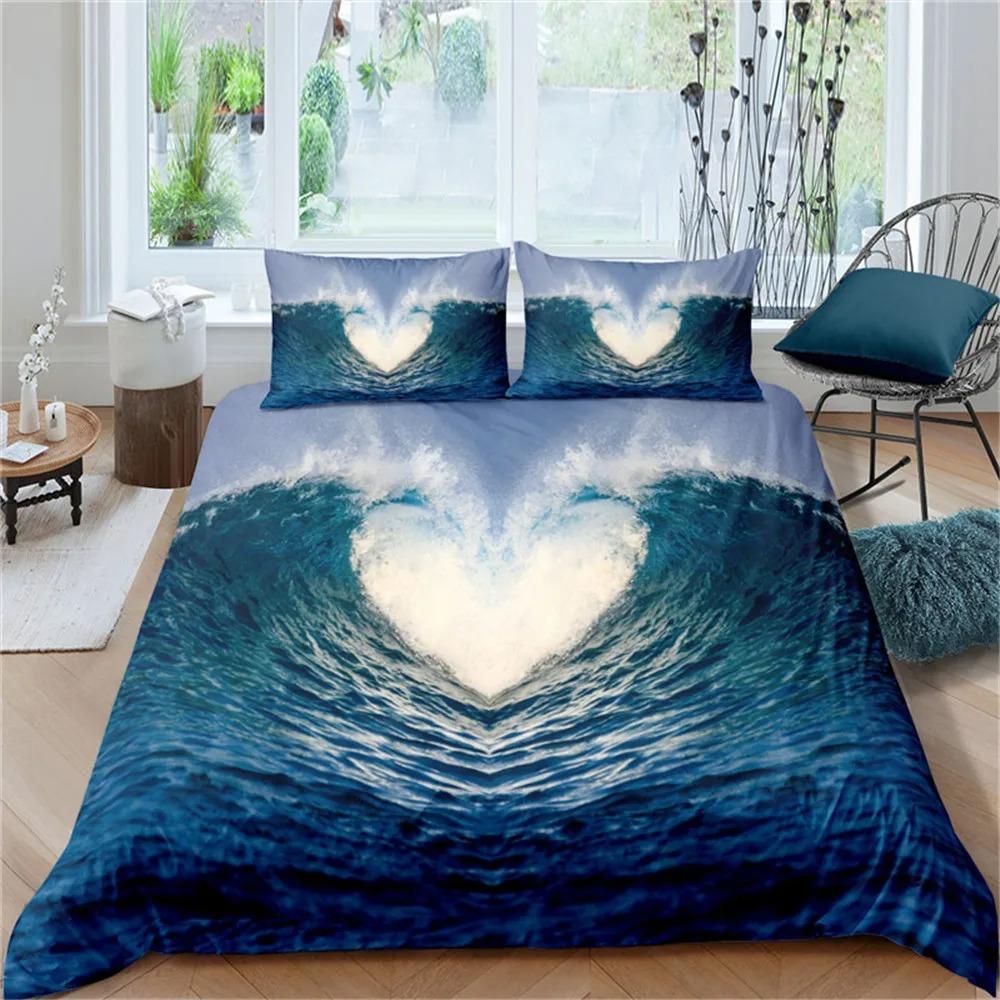 Sea Wave Duvet Cover King/Queen Size 3D Blue Ocean Spray Waves Bedding Set for Kids Teens,Azure Seawater Soft Comforter Cover