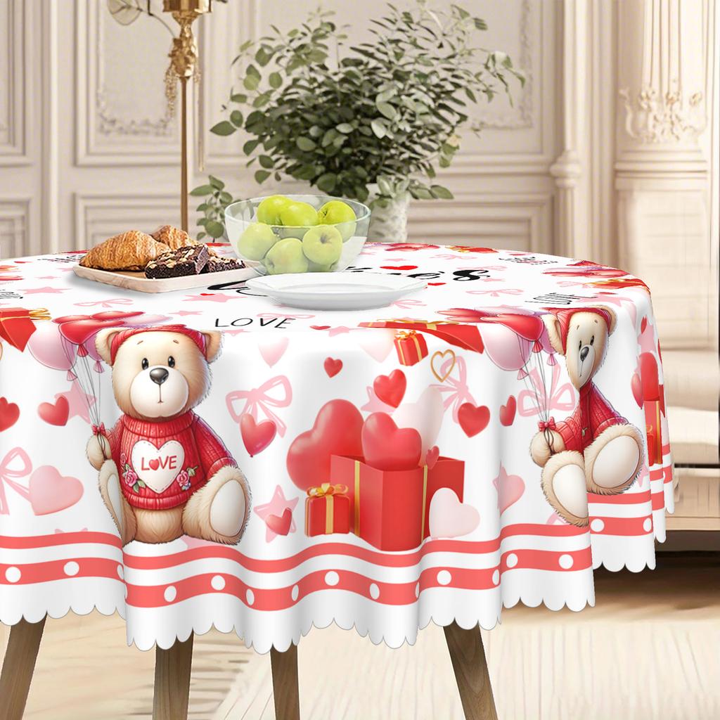 Romantic Love Bear Printed Tablecloth, Red Waterproof And Oil-Proof Dining Table Cloth, Couple'S Anniversary Decorative Cover Cloth