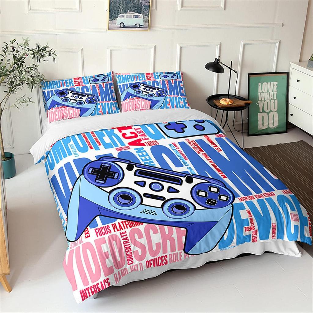 Gamer Duvet Cover Set Black Green Blue Anime Cartoon 3D Gamepad Bedding Set Boy Girl Teen Soft Polyester Quilt Cover Pillowcases