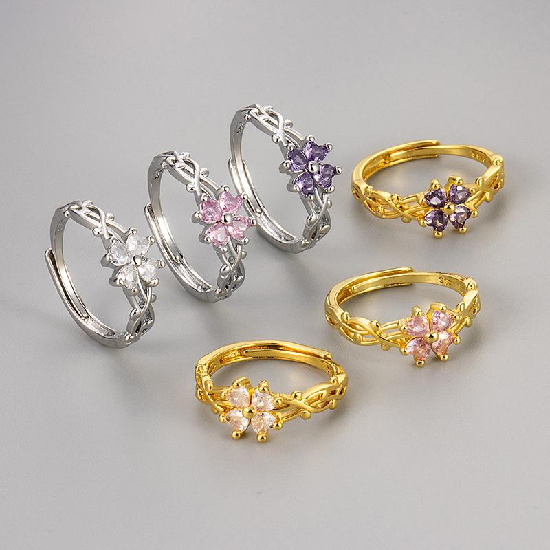 Vintage Micro Pave Zircon Four Leaf Clover Ring Women Fashion Vine Wrapped Adjustable Index Finger Ring Jewelry