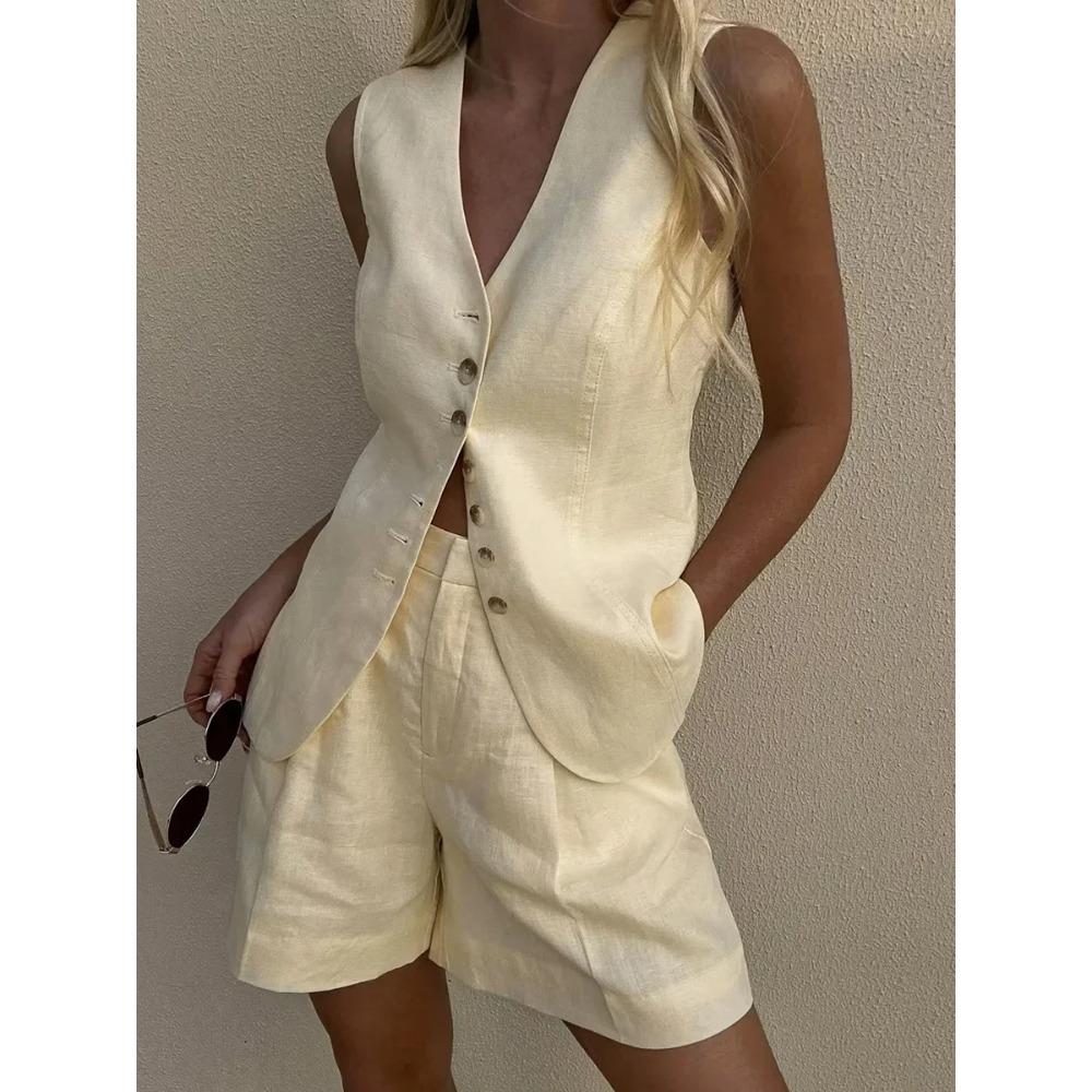 Cotton Linen Chic Casual Vest Shorts Set Women's Fashion Commuter Sleeveless Tank Top Loose Shorts Suits