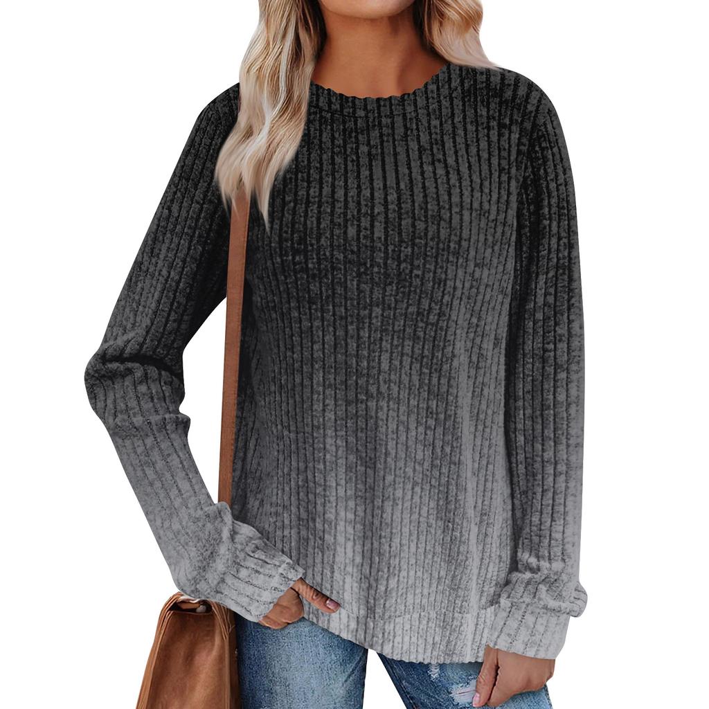 Damen Winter Color-Block Bedrucktes Leichtes Gebürstetes Baumwoll-Rundhals-Top