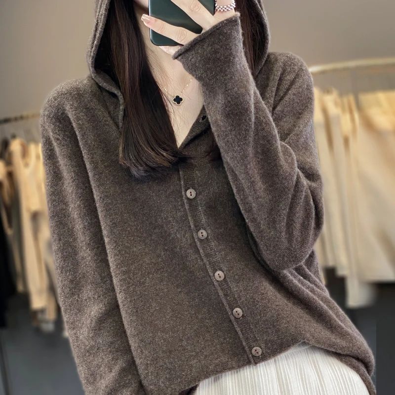 First Line 100% Merino Wool Knitted Cardigan Women's Autumn and Winter Hoodie Loose Sweater Fashionable Versatile Coat