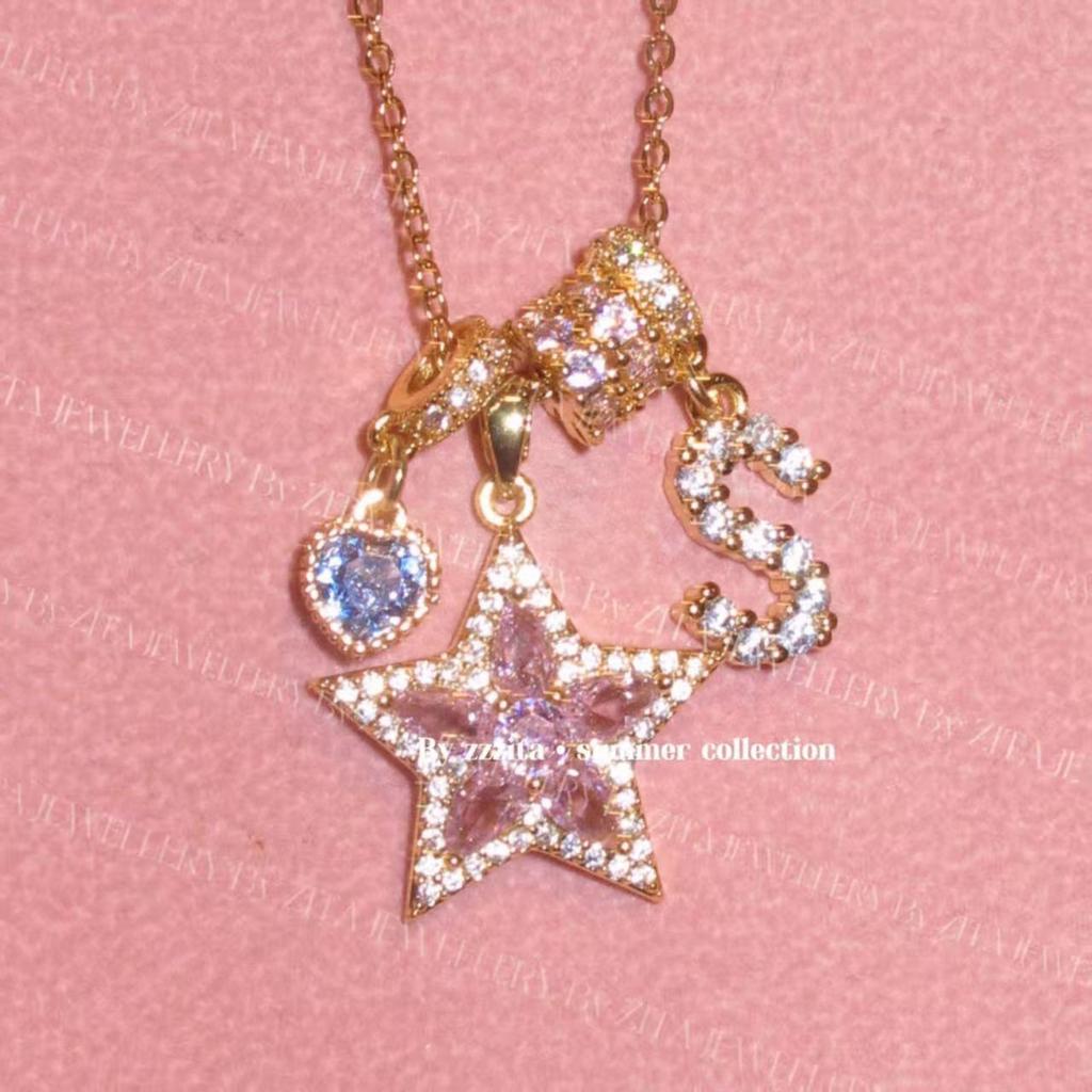 Novo colar de octagrama com vento frio e diamante rosa para mulheres, moda, alta sensibilidade, corrente para clavícula, estilo nicho de luxo leve, corrente para pescoço