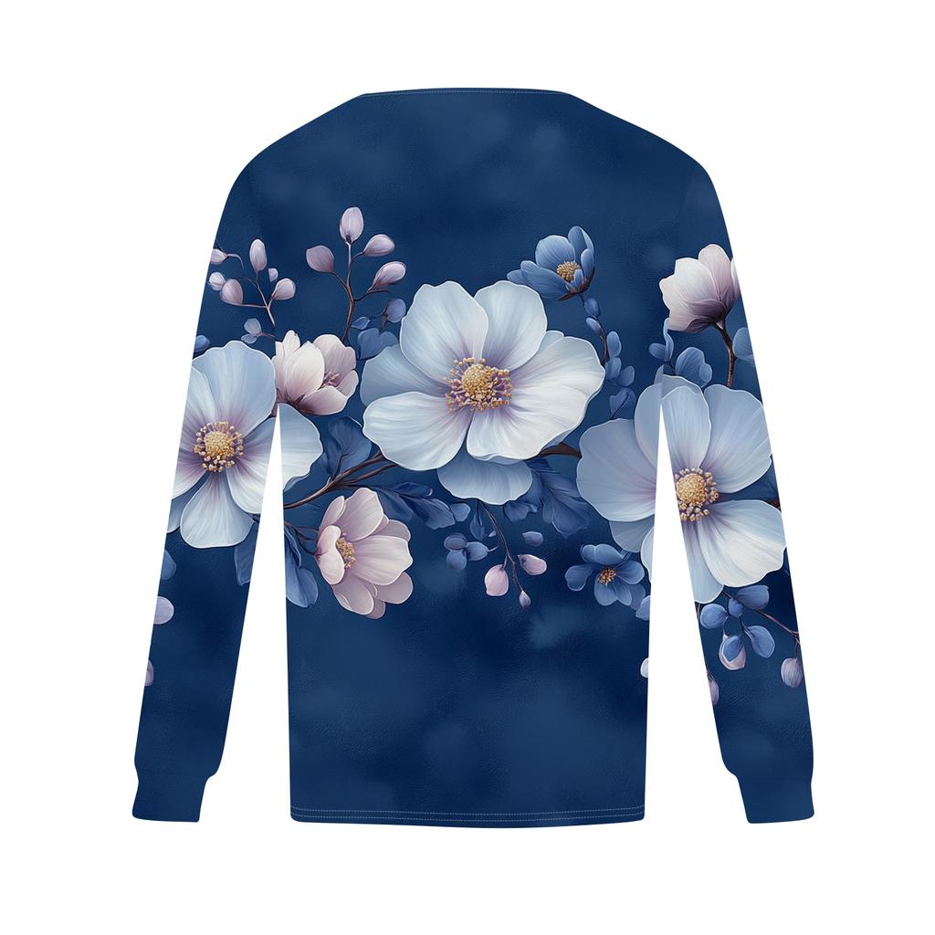Women's Fashion Casual Pleated Round Neck Vintage Floral Print Long Sleeve T,Shirt Top