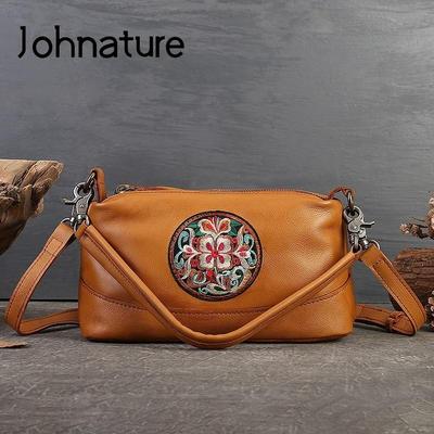 Genuine Leather Handbag Women High Capacity Pillow Bag Vintage Ethnic Style Embroidery Shoulder Crossbody Bag