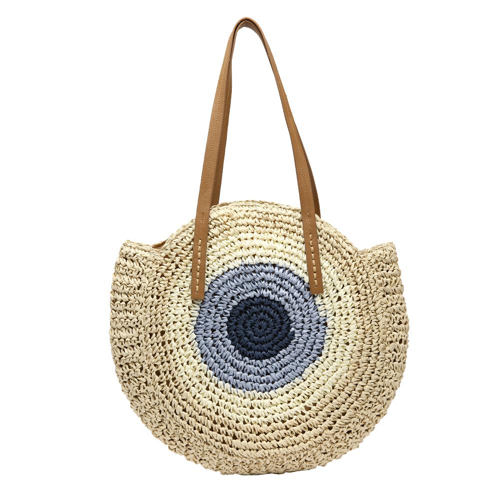 

Women Woven Round Straw Rattan Bag Female Color Patchwork Shoulder Crossbody Handbag Vacation Coast Ratton Woven Shoulder Pouch бежевий