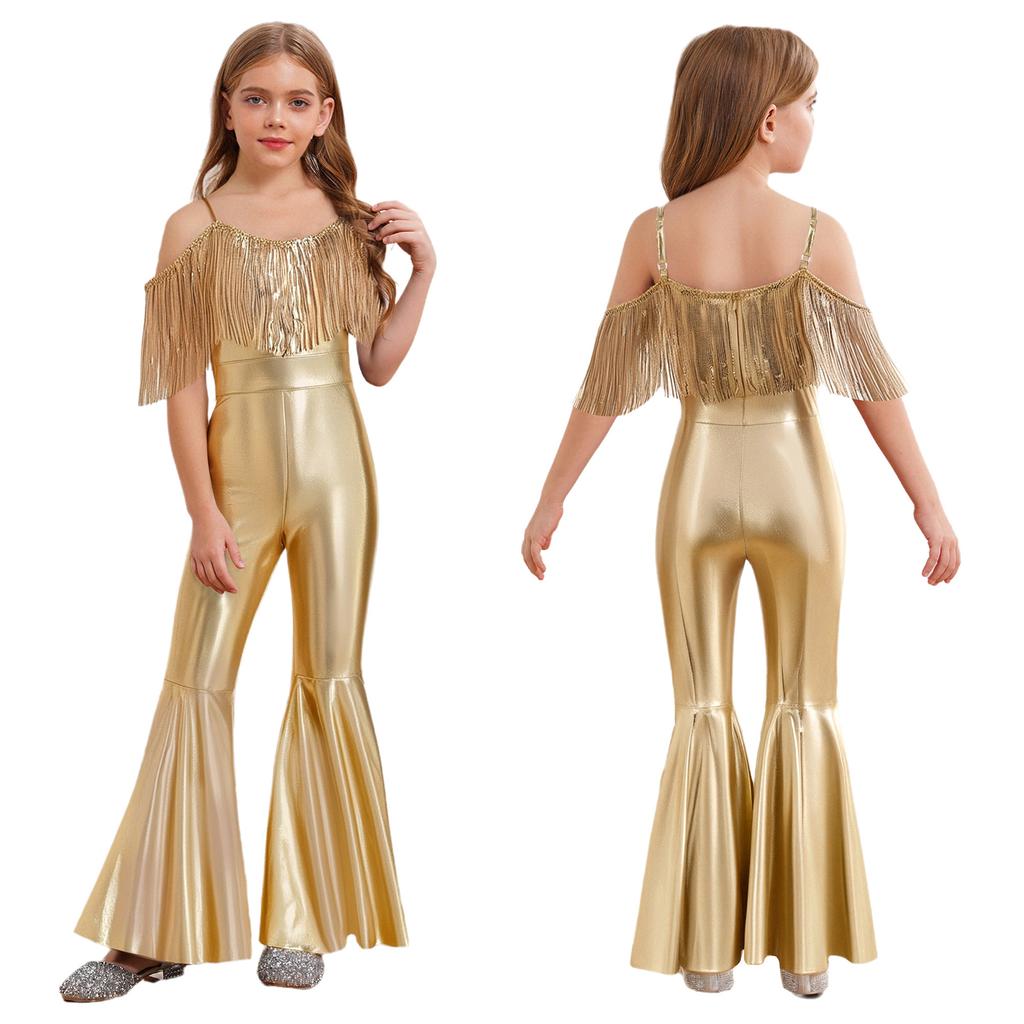 Sparkly Sequins Jumpsuit for Girls Spaghetti Strap Sleeveless with Tassels Flared Pants Pageant Club Outfit