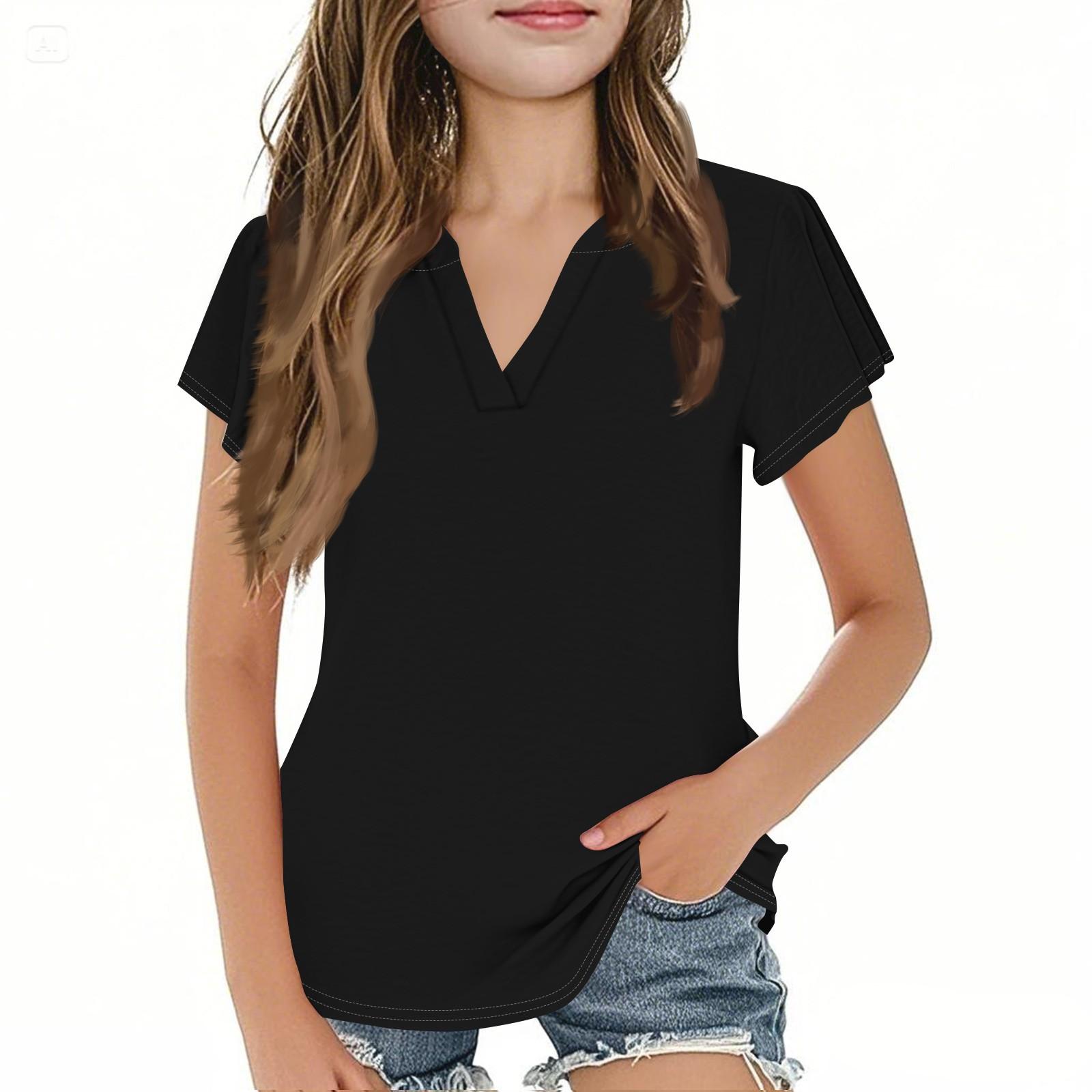 

Summer Children s Cute And Casual Fashion Short-Sleeved V-Neck Solid-Color Girls Top 140 чорний