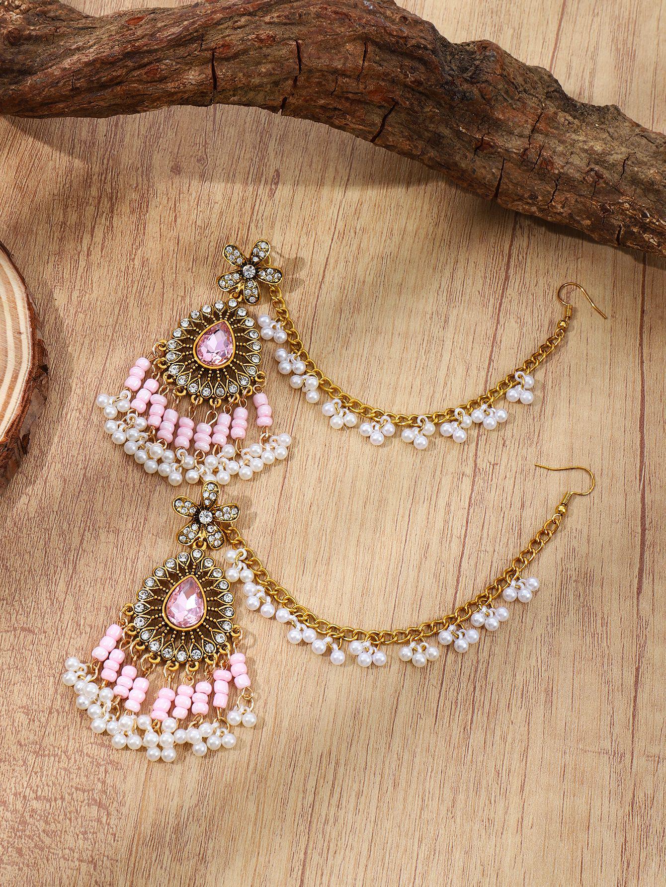 Bohemian Geometric Pearl Tassel Earrings: Water Drop Flower Design for Women розовый