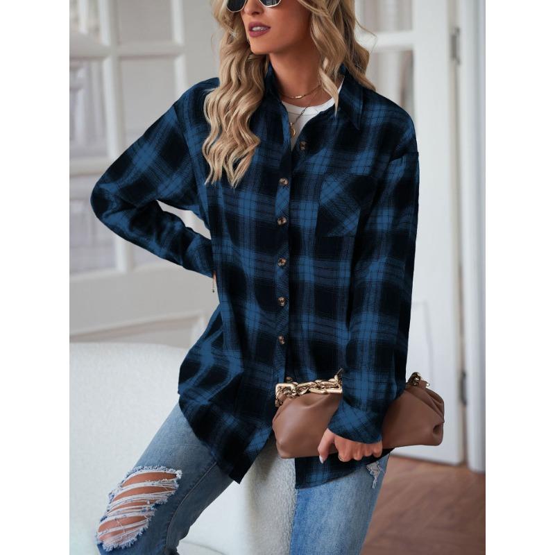 YYFS Women's Fashion Casual Spring Fall Plaid Print Long Sleeve POLO Neck Blouses & Shirts