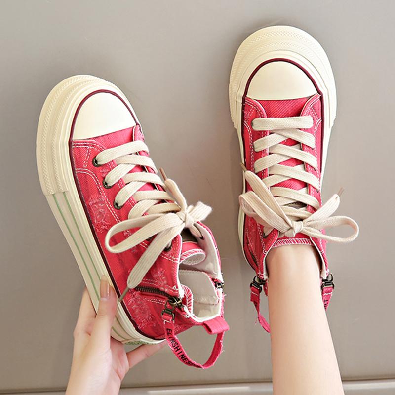 Women Platform Canvas Shoes Retro Student Shoes High Top Sneakers Lace Up Comfortable Skateboard Flat Zipper Sneakers For Female