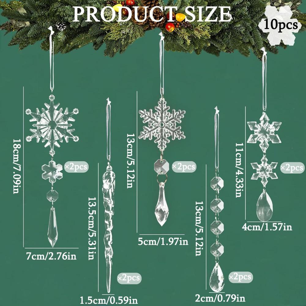 10pcs Crystal Christmas Ornaments for Tree Decorations-Hanging Acrylic Snowflake Icicle Ornaments with Drop Pendants for Winter Wonderland Chandelier