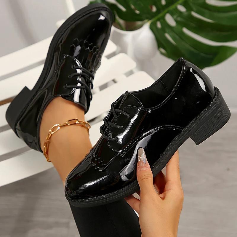 Lucyever Black Patent Leather Loafers Shoes for Women Plus Size Lace Up Office Flat Shoes Women Comfort Low Heels Pumps Ladies