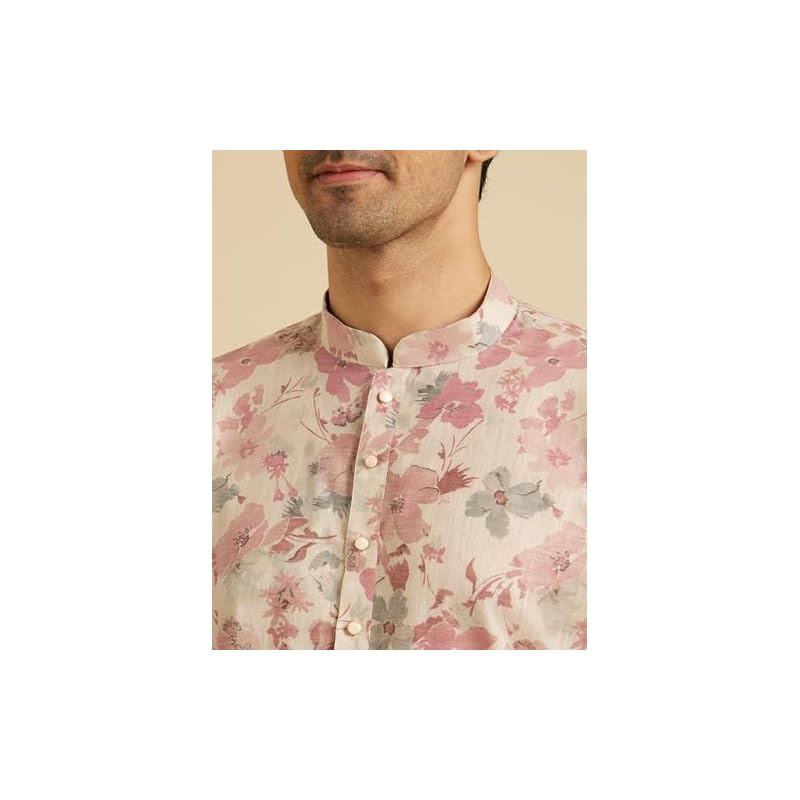 Manyavar Men' Linen Blend Digital Floral Print Long Kurta ( , )