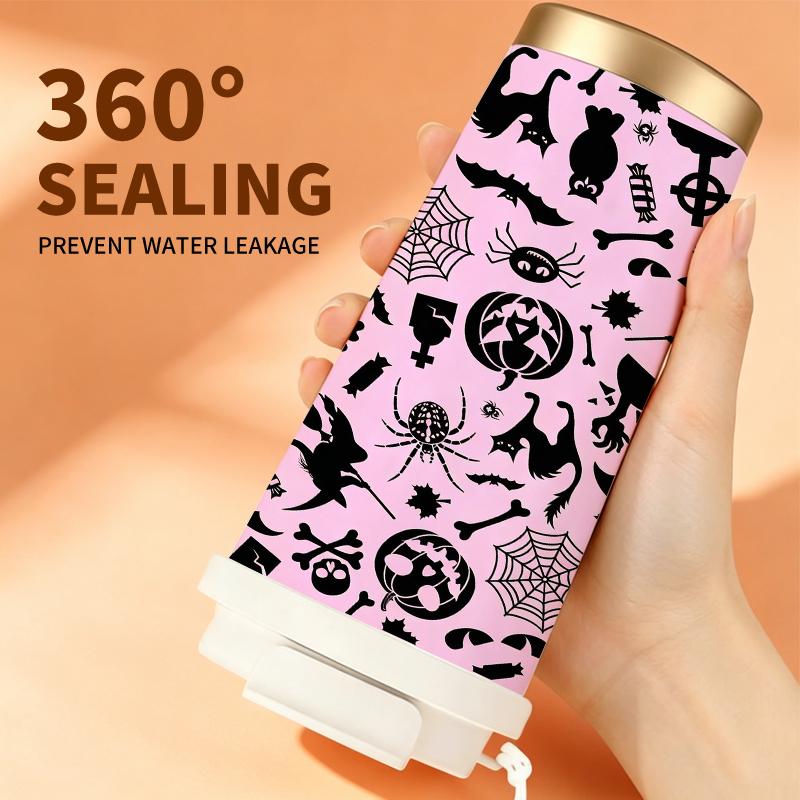 Halloween Coffee Cup 532ml Pumpkin Cat Witch Web MotifDouble Wall Insulated Cup Metal Travel Cup Autumn Commuter Cup