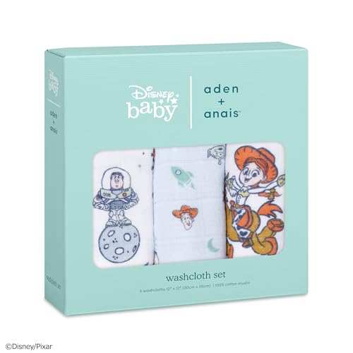 Aden + Anais Toy Story Washcloths, Set of 3, 30x30cm, Disney Design, Muslin Cotton, Baby Gift, WCADABDAWCC30012DI