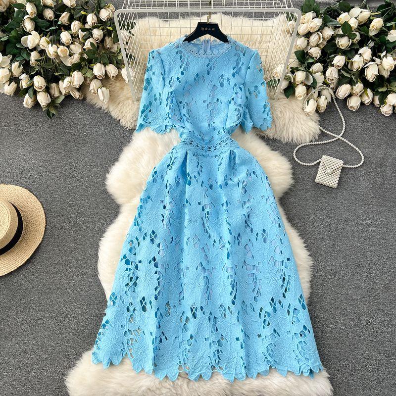 

Early Spring Heavy Industry Water Soluble Lace Cut Out Dress Dress Blue S